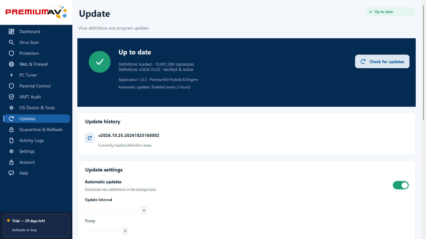 PremiumAV Updates showing verified loaded definitions
