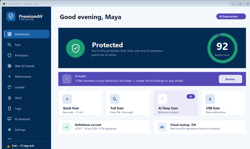 PremiumAV Total Security dashboard showing a 92 security score and AI Guard active